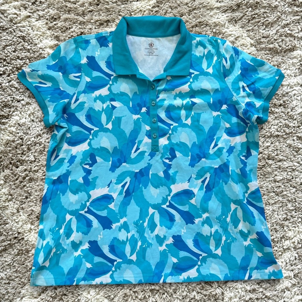 Covington Sport Blue Floral Polo Shirt Womens 16-18W Classic Fit Short Sleeve
